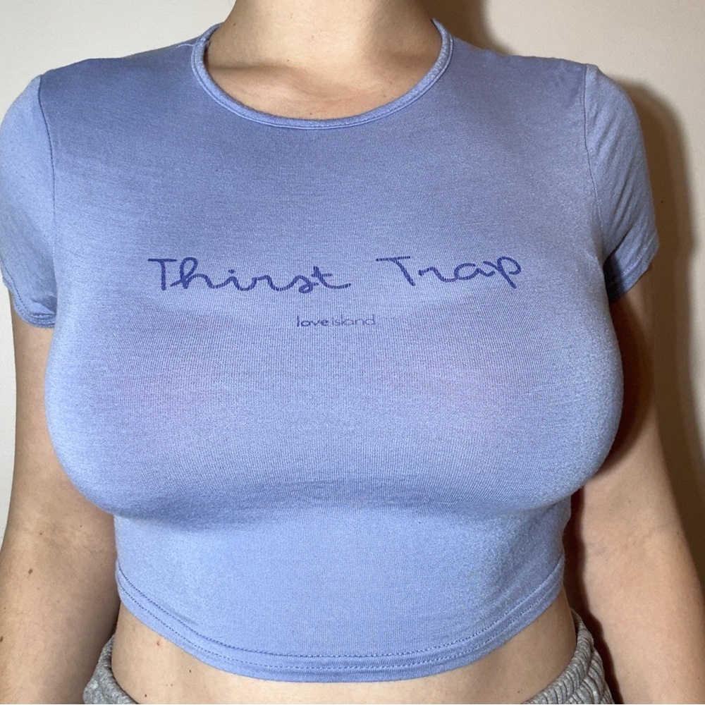 I saw it first/ Love island/ ASOS blue crop top “thirst trap” logo.